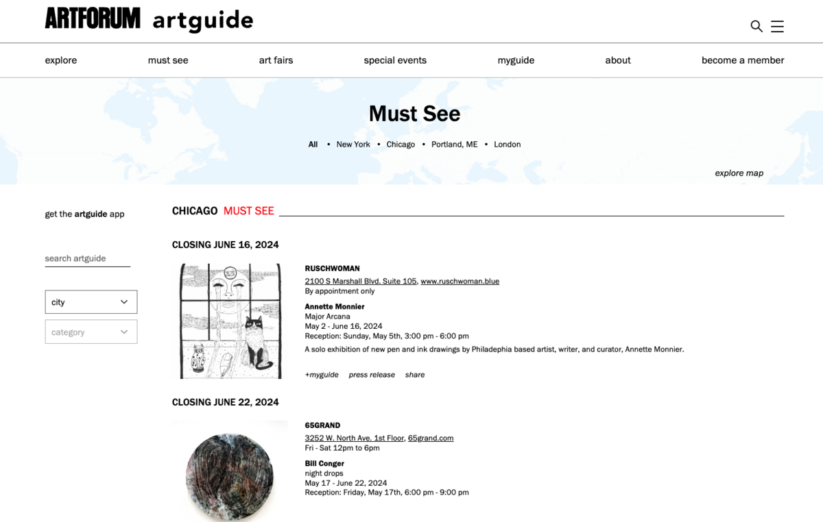 a screenshot of Artforum's art guide