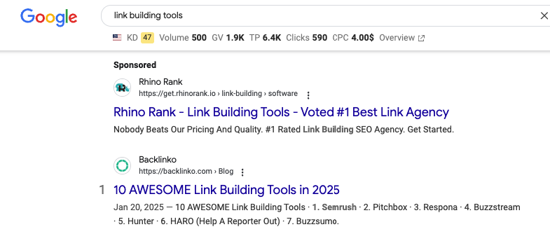 link building tools search finds backlinko ranking first
