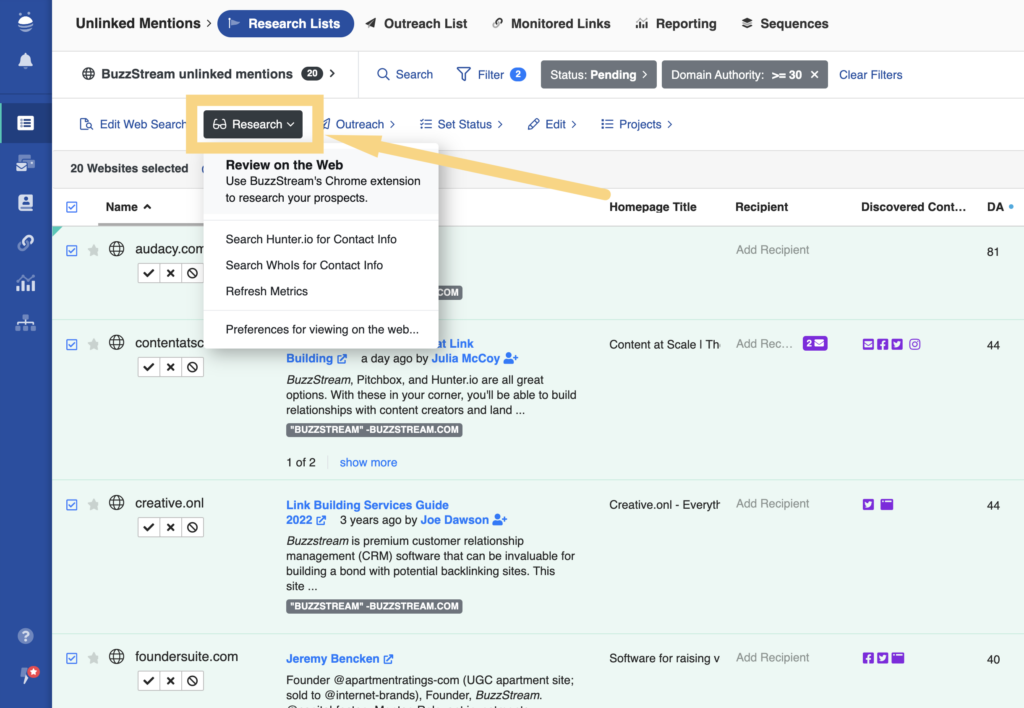 reviewing on the web with buzzstream