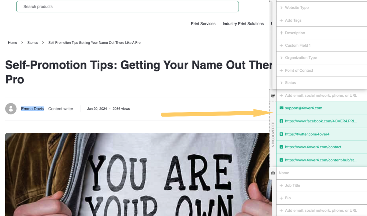 a screenshot showing the contact information extracted from Buzzmarker