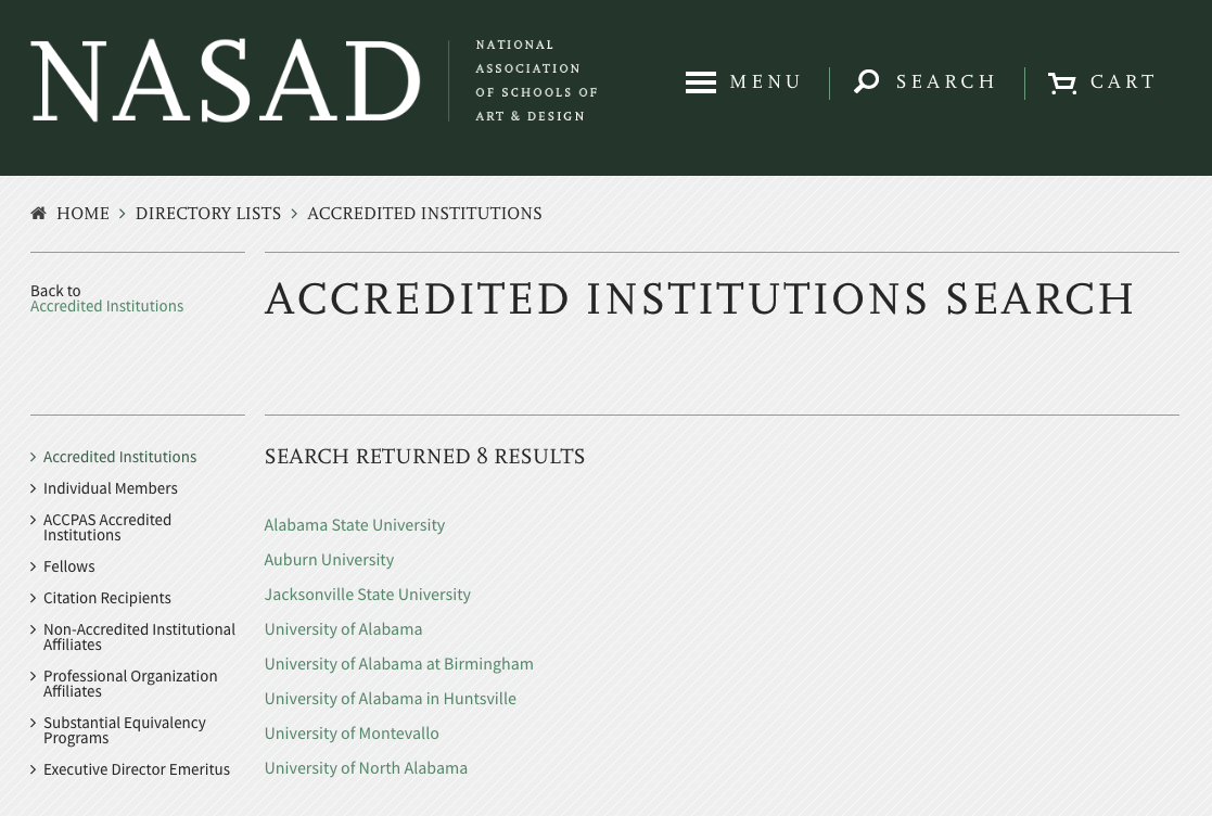 NASAD's list of accredited institutions