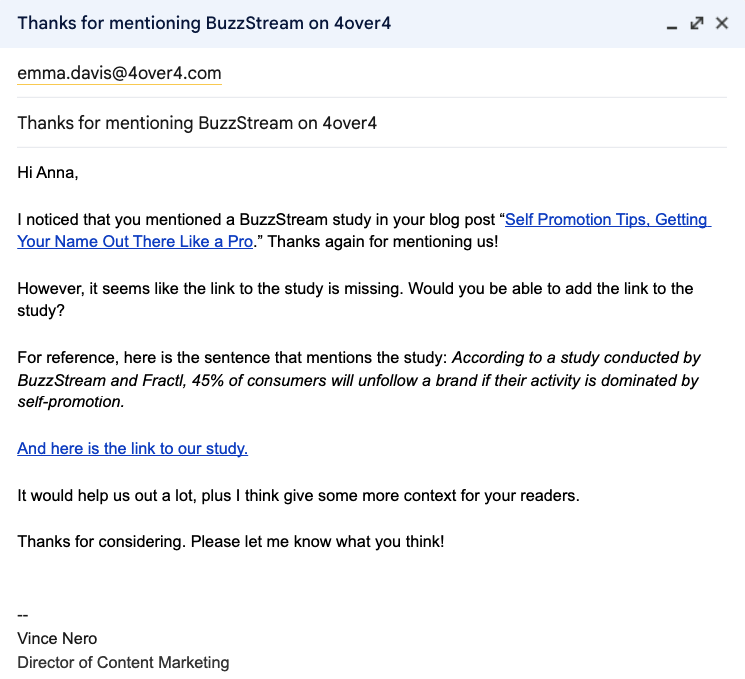 screenshot of my email to emma davis