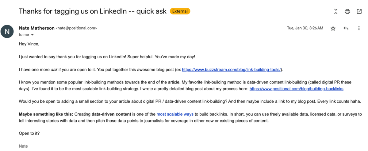 following up via email from linkedin