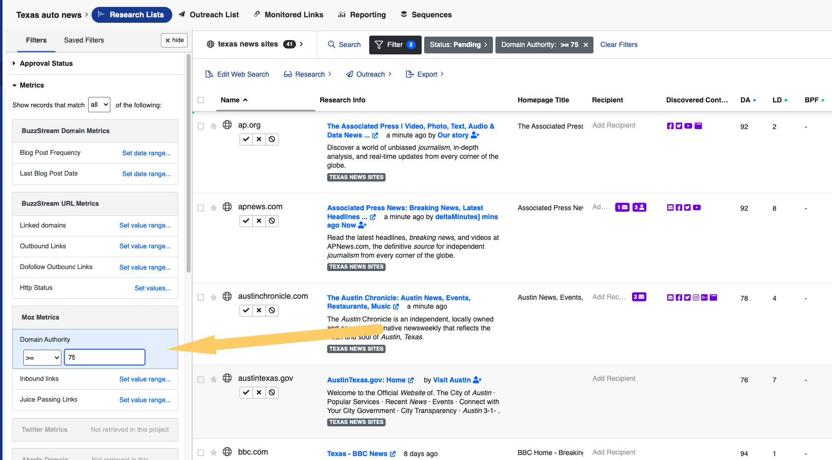 filters to display over DA 75