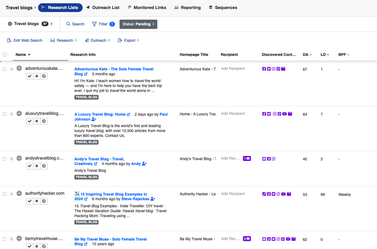 research lists screenshot from buzzstream