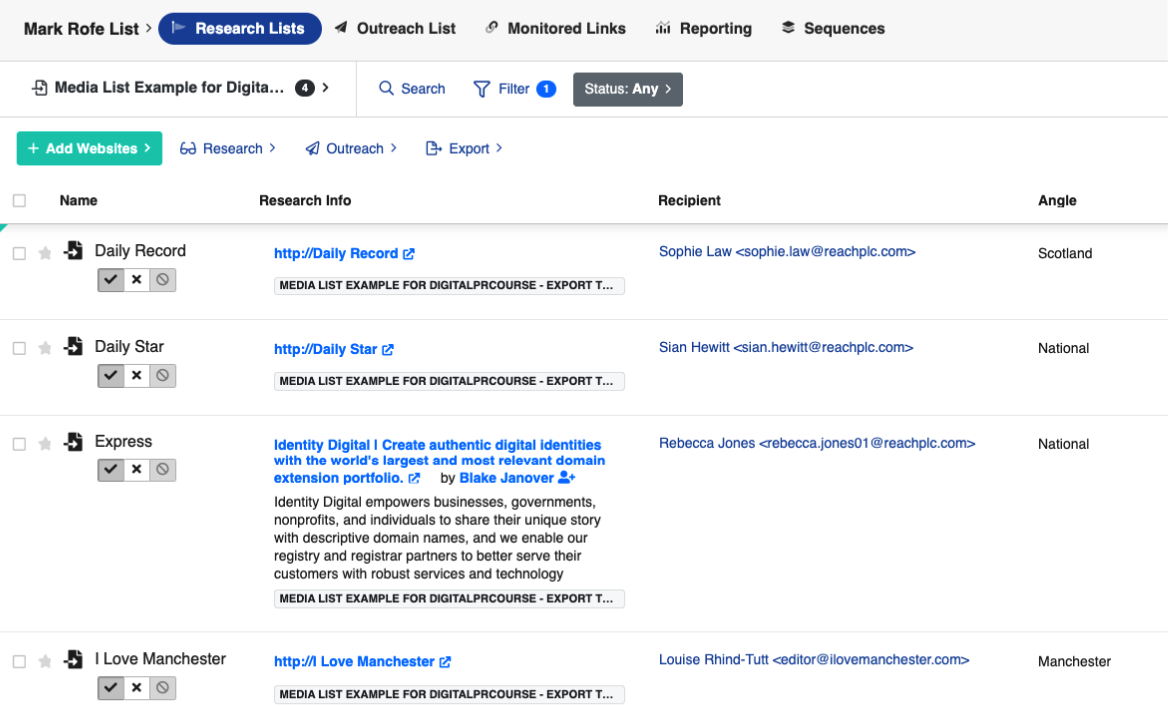 mark rofe research list as it looks in buzzstream