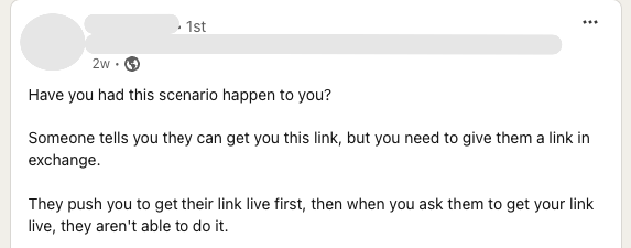 linkedin post talking about a link exchange gone awry