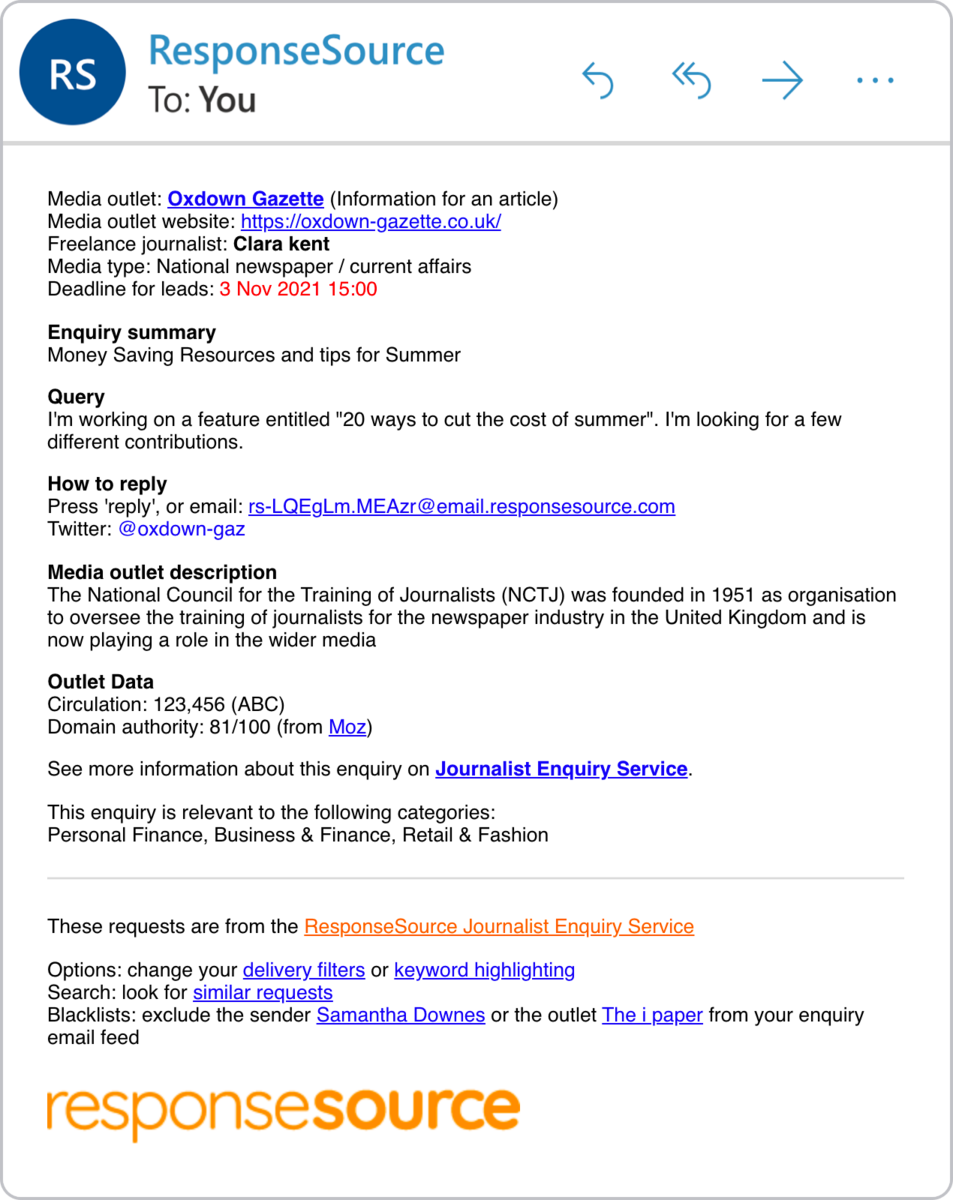 ResponseSource email example