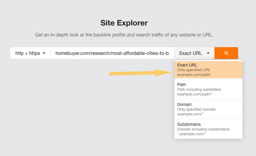 exact URL search in ahrefs