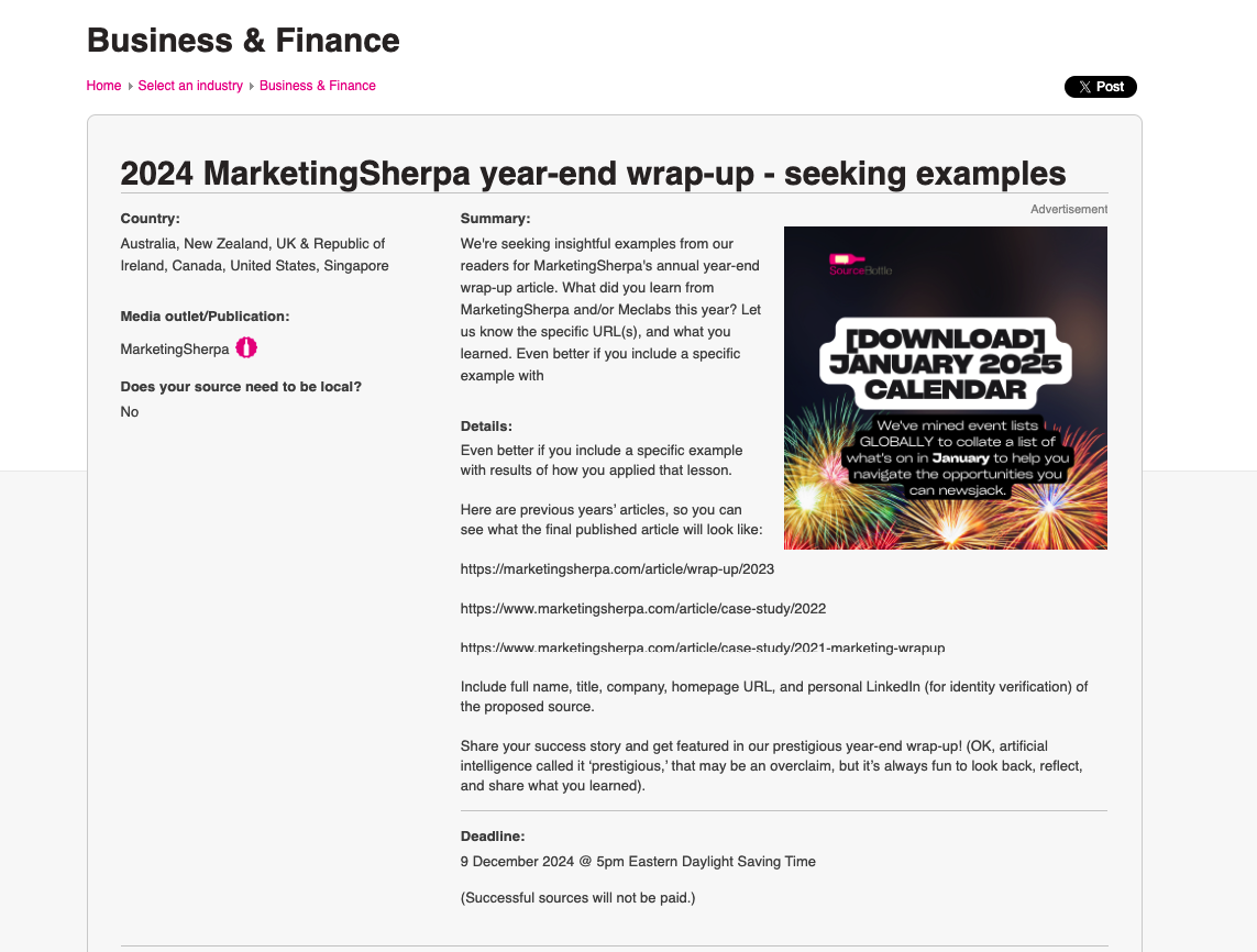 a sourcebottle example pitch request