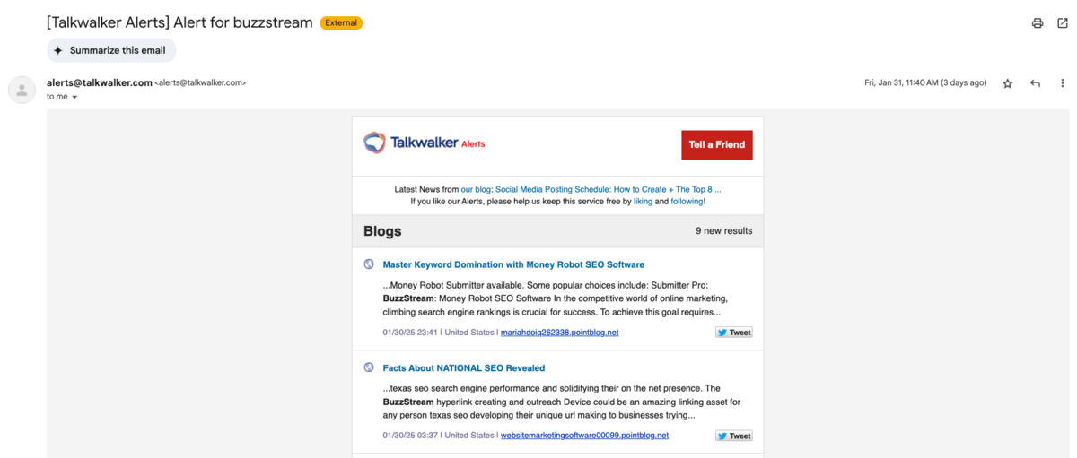 talkwalker email shows the mentions of our brand
