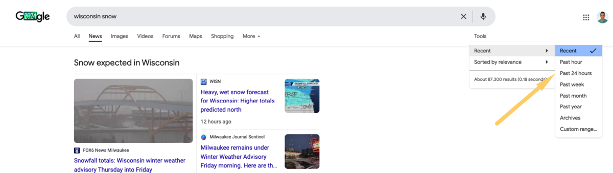 wisconsin snow search by time frame