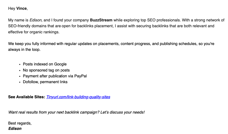 example of a link building transactional email