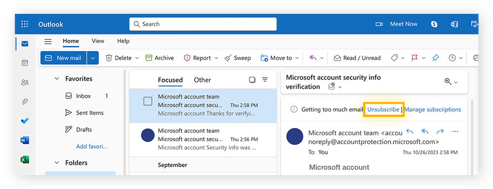 outlook unsubscribe message