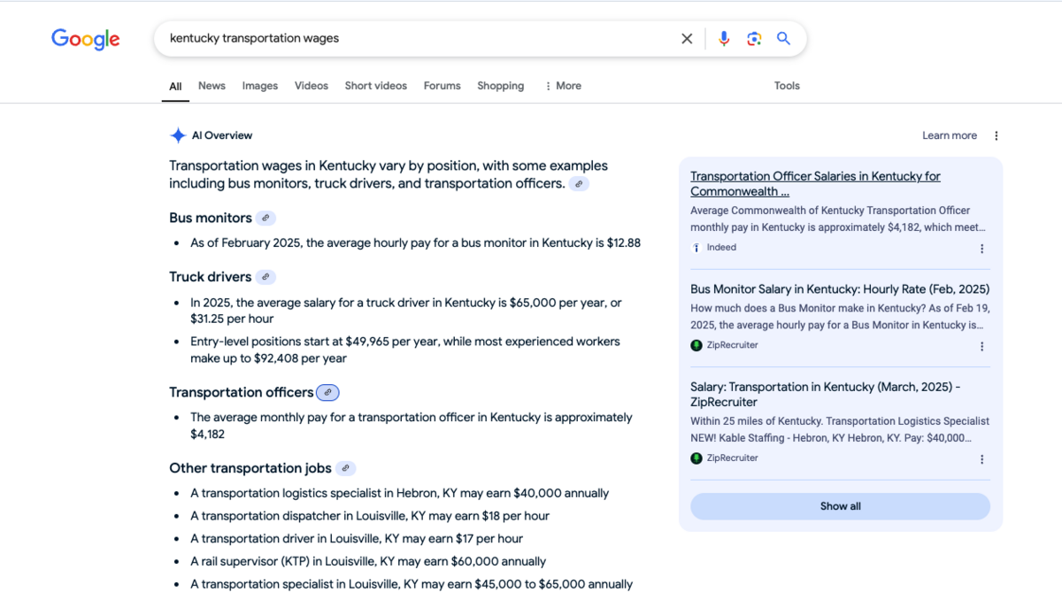 kentucky transportation wages